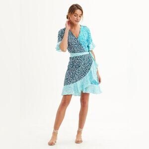 Marie Oliver Ryan Silk Mini Wrap Dress in Pebble Blue Ruffle Hem Large Coquette